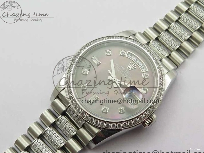 MiroTime 0309 SmoothTexture Day-Date 36mm 128239 SS Crystal BP Best Edition Black MOP Crystal Marker Dial on SS President Bracelet A 2681